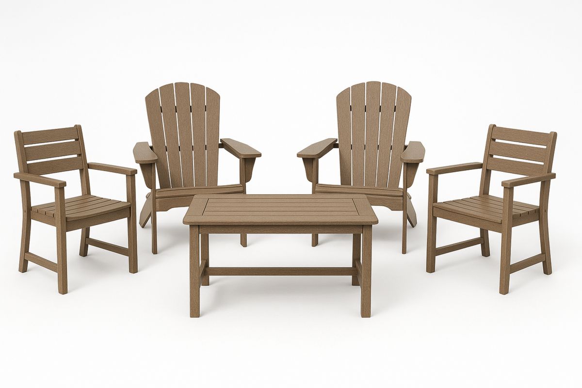 4-teiliges Outdoor-Set aus Polyethylen, 2 Adirondack-Stühle, 2 Stühle & Tisch, Braun-Jardinaurorazen