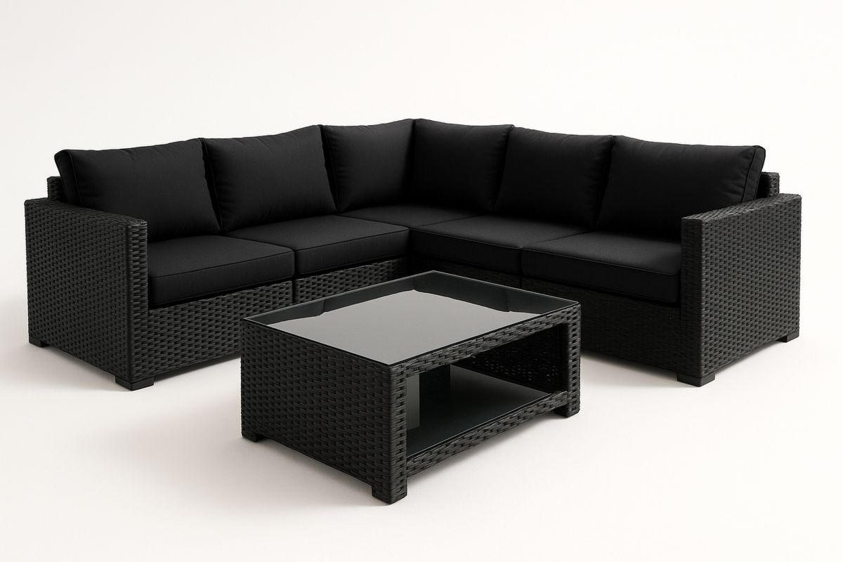 Schwarzes Rattan-Ecksofa-Set mit gehärtetem Glastisch-Jardinaurorazen