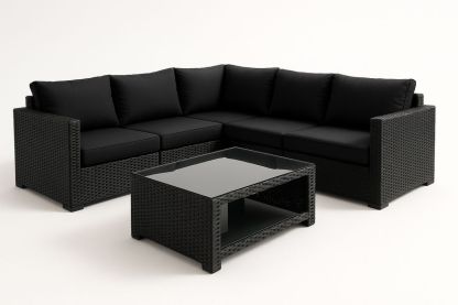 Schwarzes Rattan-Ecksofa-Set mit gehärtetem Glastisch-Jardinaurorazen