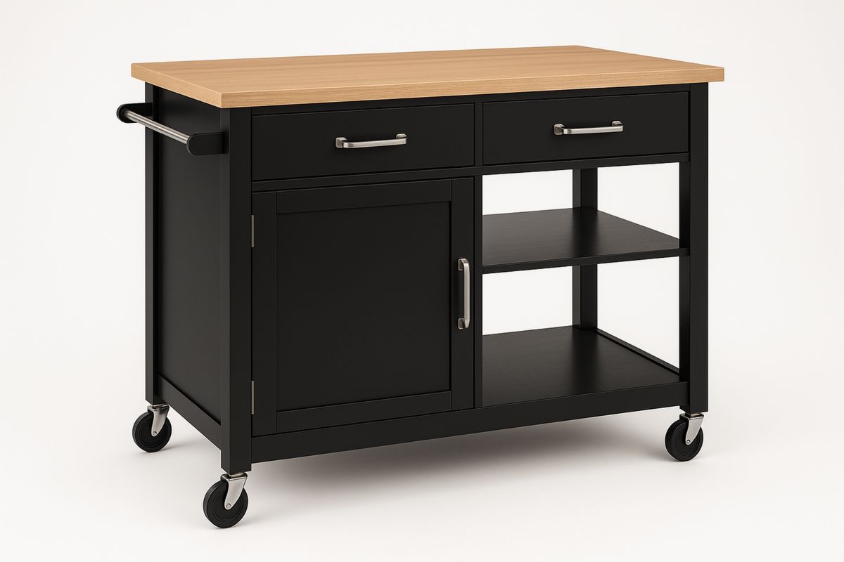 Küchenwagen aus Metall mit Holzplatte und Regalen, Schwarz/Naturholz, 110x45x90 cm-Jardinaurorazen