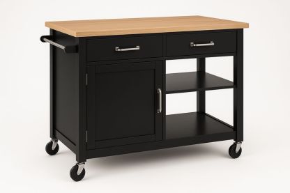 Küchenwagen aus Metall mit Holzplatte und Regalen, Schwarz/Naturholz, 110x45x90 cm-Jardinaurorazen