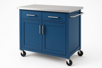 Küchenwagen Blau mit Edelstahl-Arbeitsplatte, 90×60×91 cm – MDF-Korpus, Schubladen und Türen, Rollen Ø7,5 cm-Jardinaurorazen