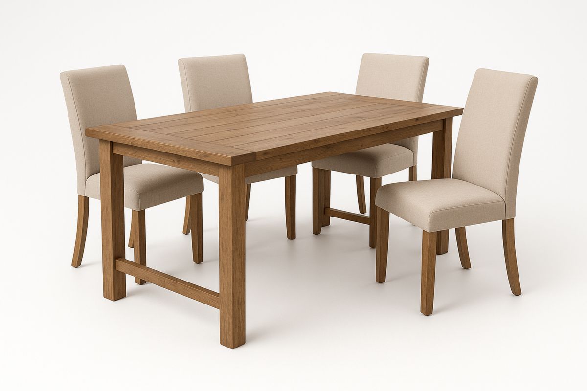 Essgruppe aus Holz mit Tisch und 4 Stühlen aus Stoffbezug-Jardinaurorazen