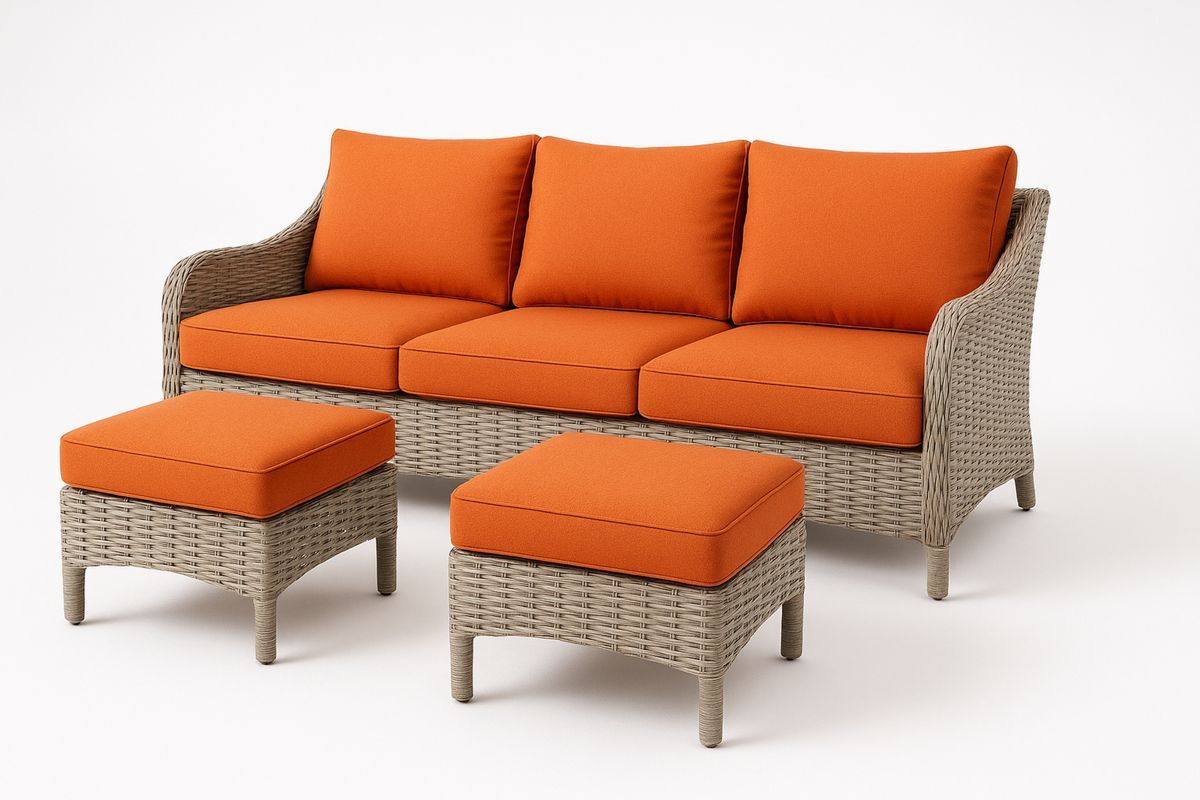 Outdoor Lounge Set aus Rattan mit orangefarbenen Kissen 3-Sitzer + 2 Hocker-Jardinaurorazen