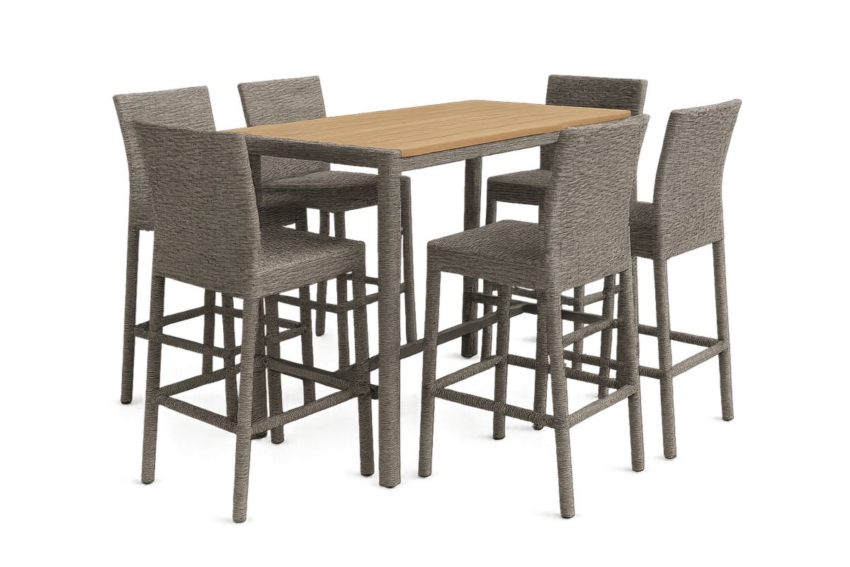 Bar Tisch und Stühle Set aus Kunststoffgeflecht mit Teakplatte 150 cm x 90 cm x 105 cm Grau/Natur-Jardinaurorazen