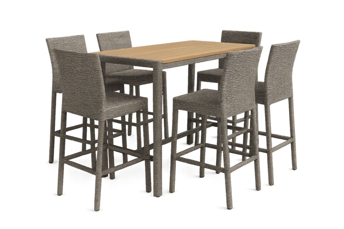 Bar Tisch und Stühle Set aus Kunststoffgeflecht mit Teakplatte 150 cm x 90 cm x 105 cm Grau/Natur-Jardinaurorazen
