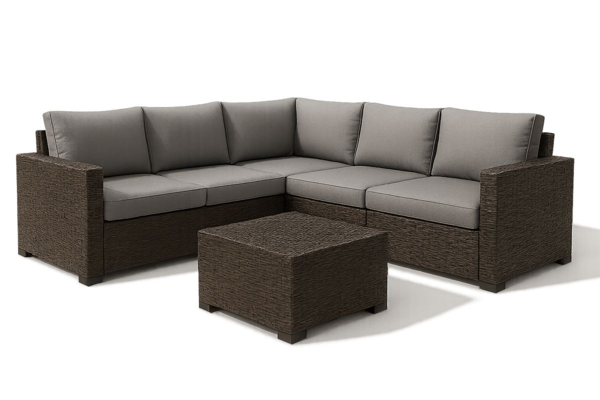 Ecksofa Set für Garten Rattan Braun Grau mit Tisch-Jardinaurorazen