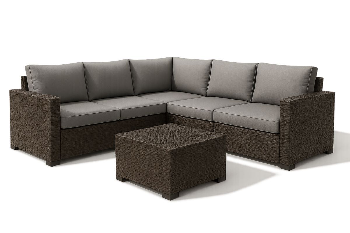 Ecksofa Set für Garten Rattan Braun Grau mit Tisch-Jardinaurorazen
