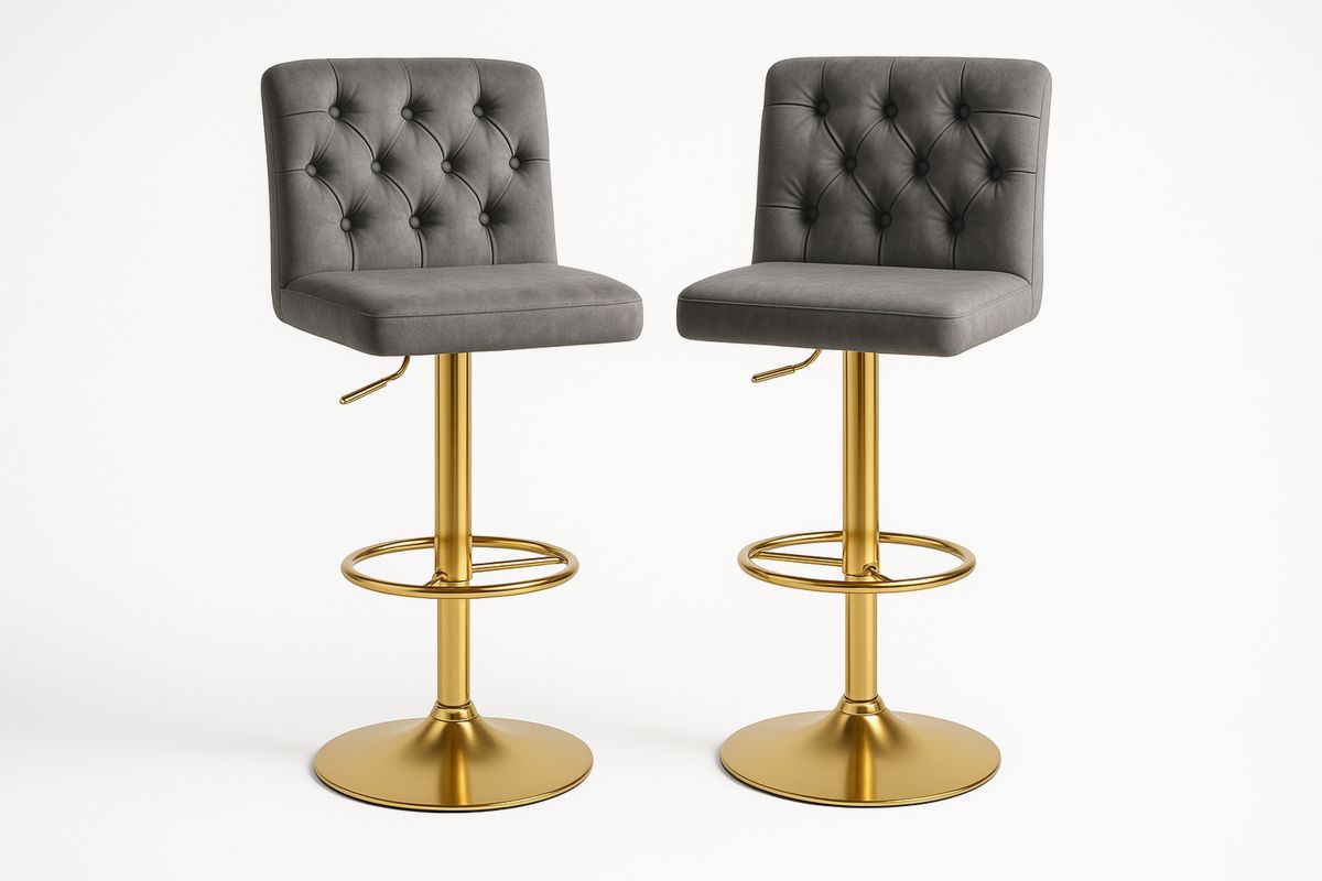2er Set Höhenverstellbare Samt-Barhocker mit Goldmetallbasis Grau-Jardinaurorazen