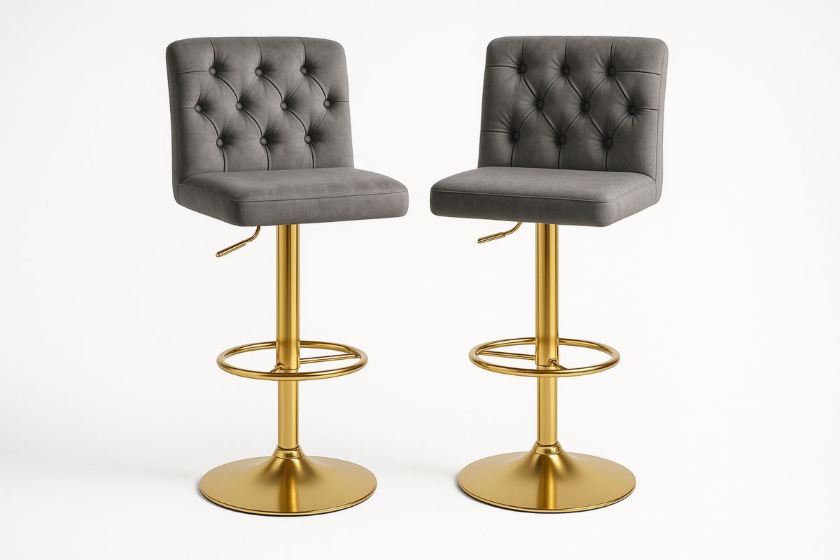 2er Set Höhenverstellbare Samt-Barhocker mit Goldmetallbasis Grau-Jardinaurorazen