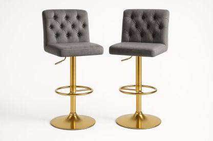 2er Set Höhenverstellbare Samt-Barhocker mit Goldmetallbasis Grau-Jardinaurorazen