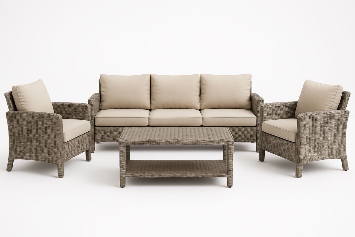 Gartenmöbel-Set aus Polyrattan mit Polyesterkissenbezügen Beige 3-Sitzer-Sofa, 2 Sessel, Tisch-Jardinaurorazen