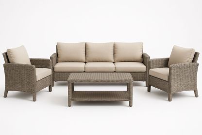 Gartenmöbel-Set aus Polyrattan mit Polyesterkissenbezügen Beige 3-Sitzer-Sofa, 2 Sessel, Tisch-Jardinaurorazen