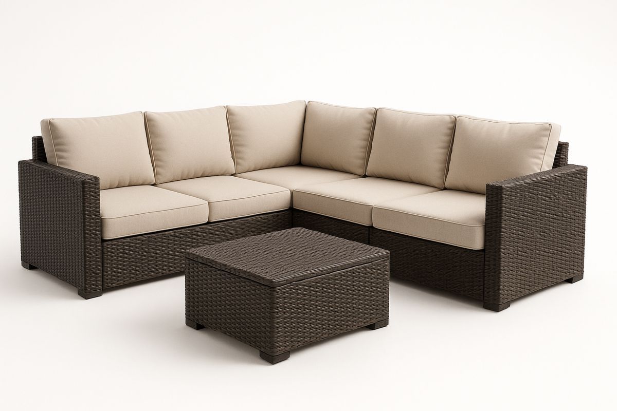 Ecksofa Set Rattan Beige Polster Aluminium Tisch Outdoor-Jardinaurorazen
