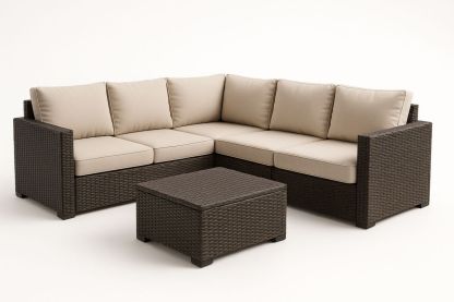 Ecksofa Set Rattan Beige Polster Aluminium Tisch Outdoor-Jardinaurorazen