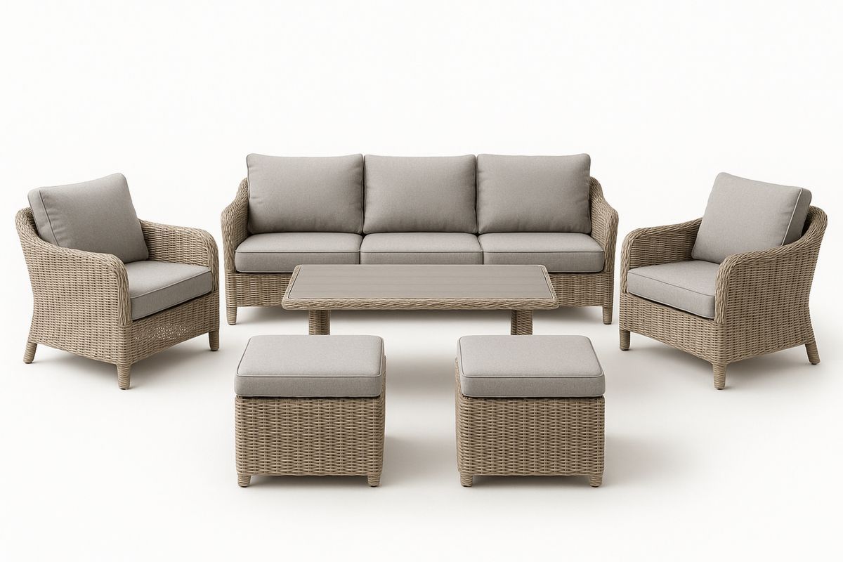 Gartenmöbel Set aus Polyrattan mit 3-Sitzer Sofa, 2 Sesseln, Tisch und 2 Hockern, Beige-Jardinaurorazen