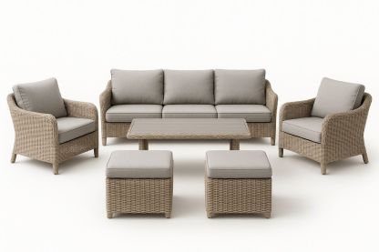Gartenmöbel Set aus Polyrattan mit 3-Sitzer Sofa, 2 Sesseln, Tisch und 2 Hockern, Beige-Jardinaurorazen