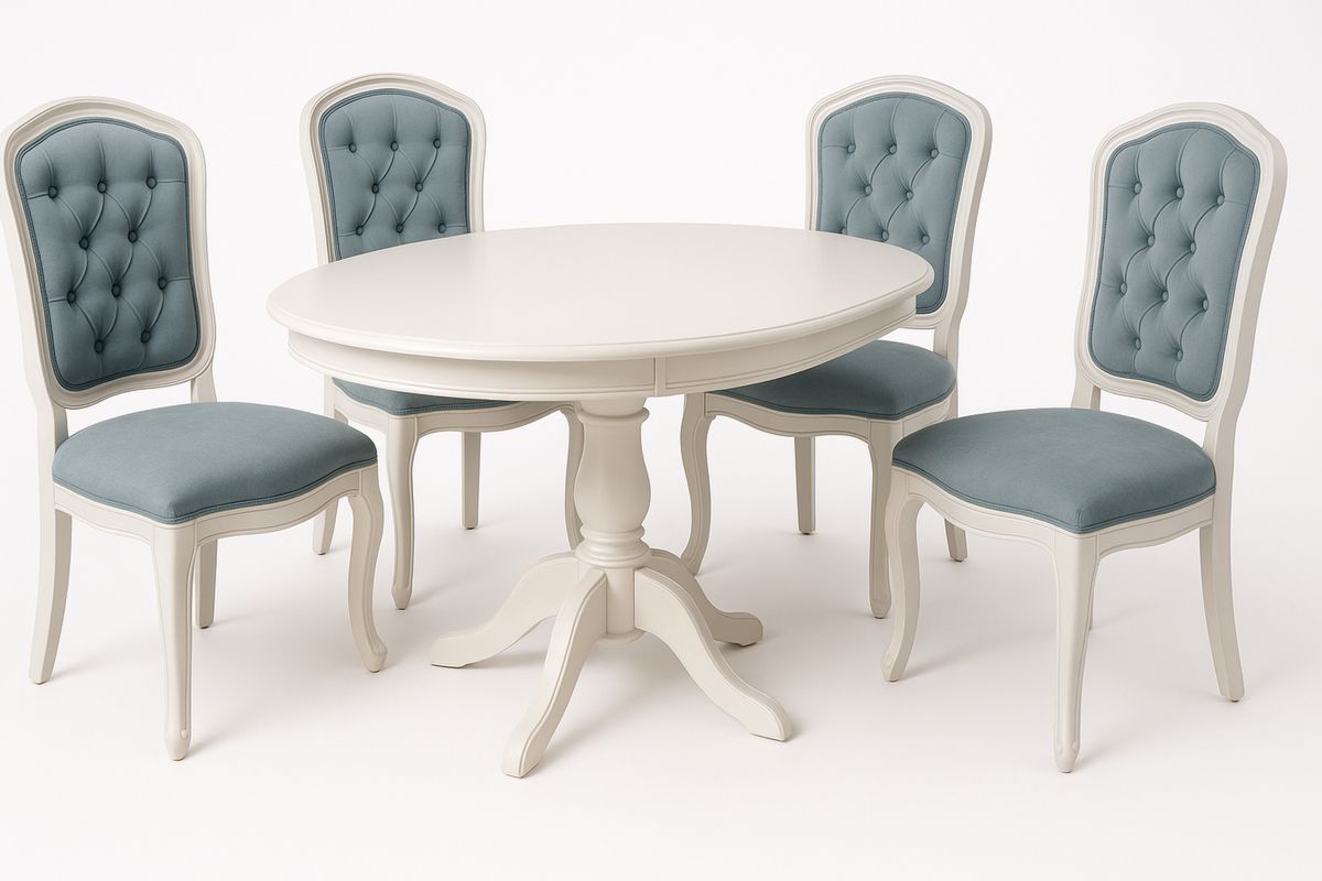 Essgruppe runder Tisch Holz Weiß mit 4 Polsterstühlen Stoff Petrol-Jardinaurorazen