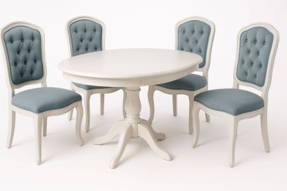 Essgruppe runder Tisch Holz Weiß mit 4 Polsterstühlen Stoff Petrol-Jardinaurorazen