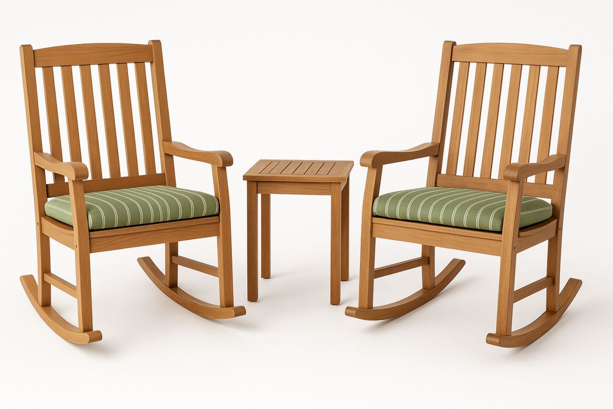 Holz-Gartenmöbelset mit 2 Schaukelstühlen und Tisch mit grünen Sitzkissen-Jardinaurorazen