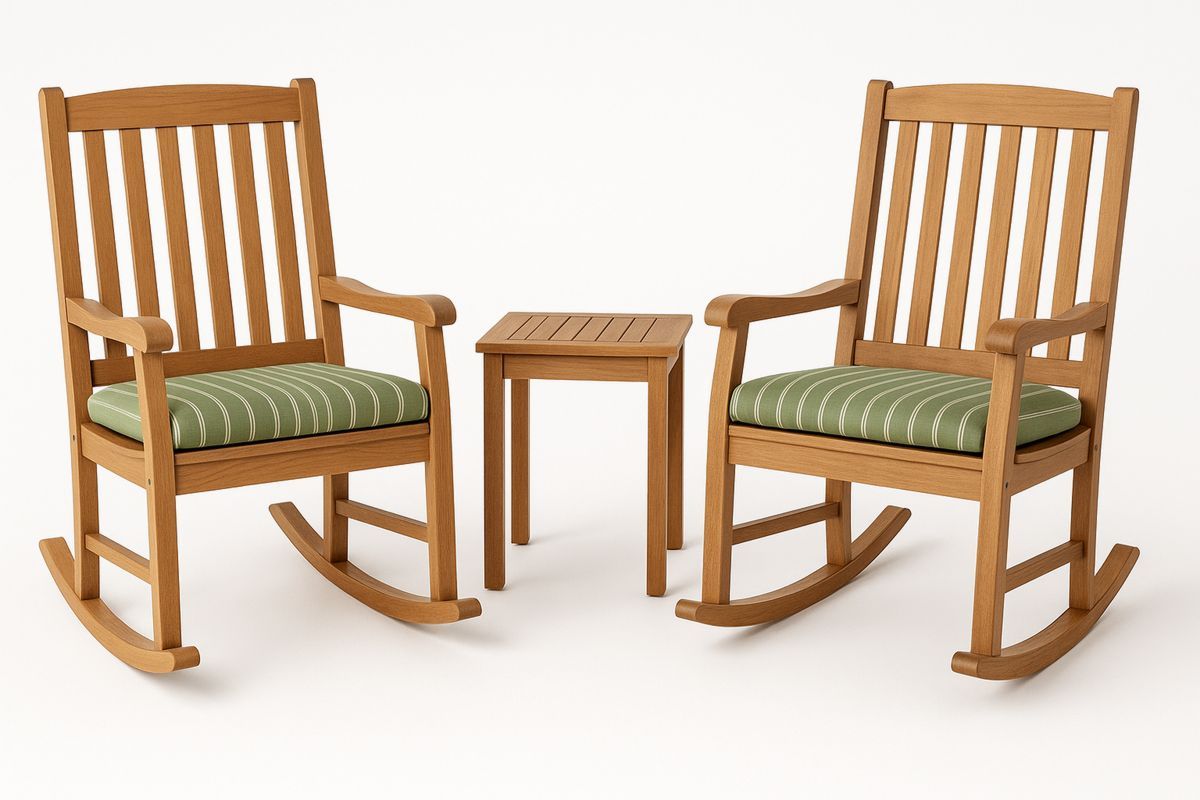 Holz-Gartenmöbelset mit 2 Schaukelstühlen und Tisch mit grünen Sitzkissen-Jardinaurorazen