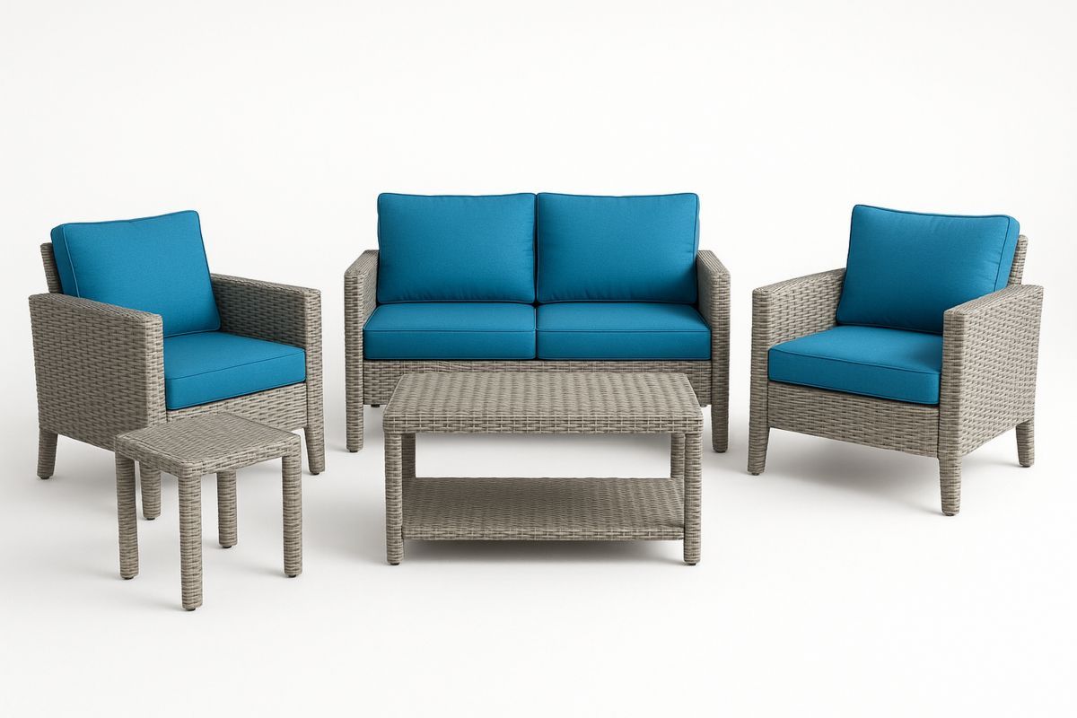 Polyrattan-Gartenmöbelset mit blauen Kissen 5-teilig-Jardinaurorazen