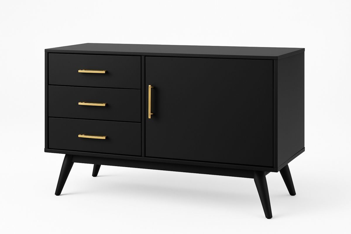 Sideboard Schwarz 120×40×80 cm – MDF, 3 Schubladen, 1 Tür, Metallgriffe Gold-Jardinaurorazen