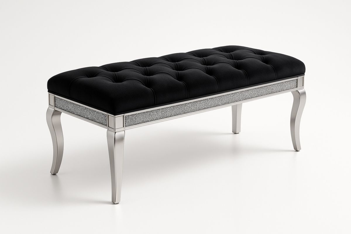 Schwarze Polsterbank mit Metallbeinen und Kristallapplikation-Jardinaurorazen