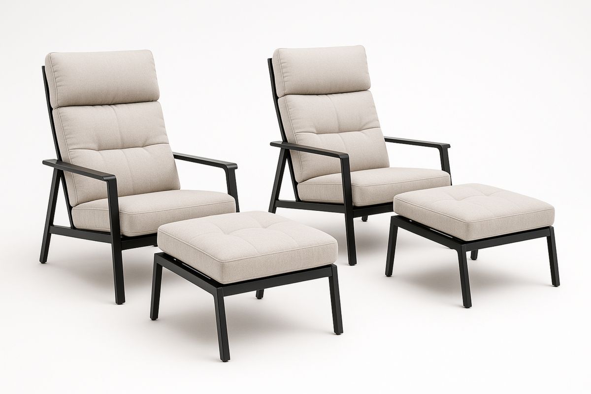 4-teiliges Gartenmöbel-Set aus Aluminium und Polyester – 2 Sessel und 2 Hocker, Beige/Schwarz-Jardinaurorazen