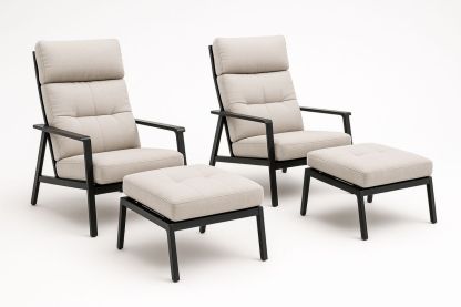 4-teiliges Gartenmöbel-Set aus Aluminium und Polyester – 2 Sessel und 2 Hocker, Beige/Schwarz-Jardinaurorazen