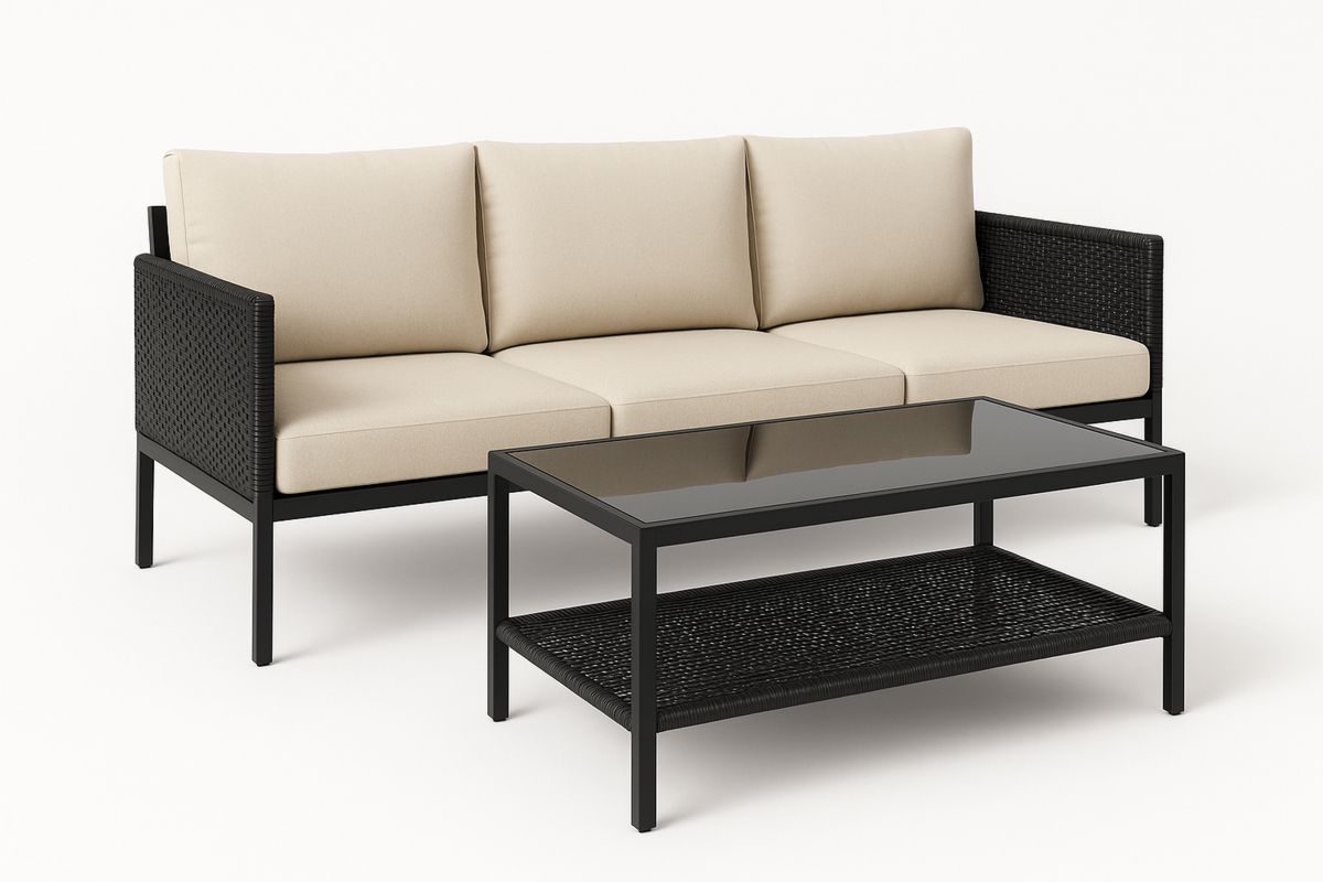 Gartenmöbel Set Sofa und Couchtisch aus Metall und Glas Schwarz/Beige-Jardinaurorazen