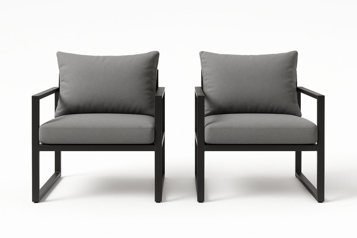2-teiliges Gartensessel-Set aus pulverbeschichtetem Metall mit Polyesterkissen – Grau, abnehmbare Bezüge-Jardinaurorazen