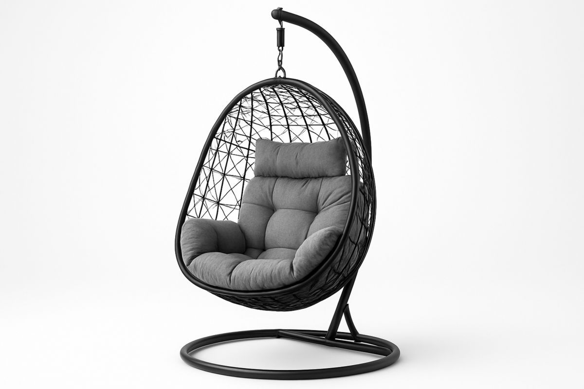 Schwarzer Rattan Hängesessel mit Stahlrahmen und grauem Polyesterkissen-Jardinaurorazen