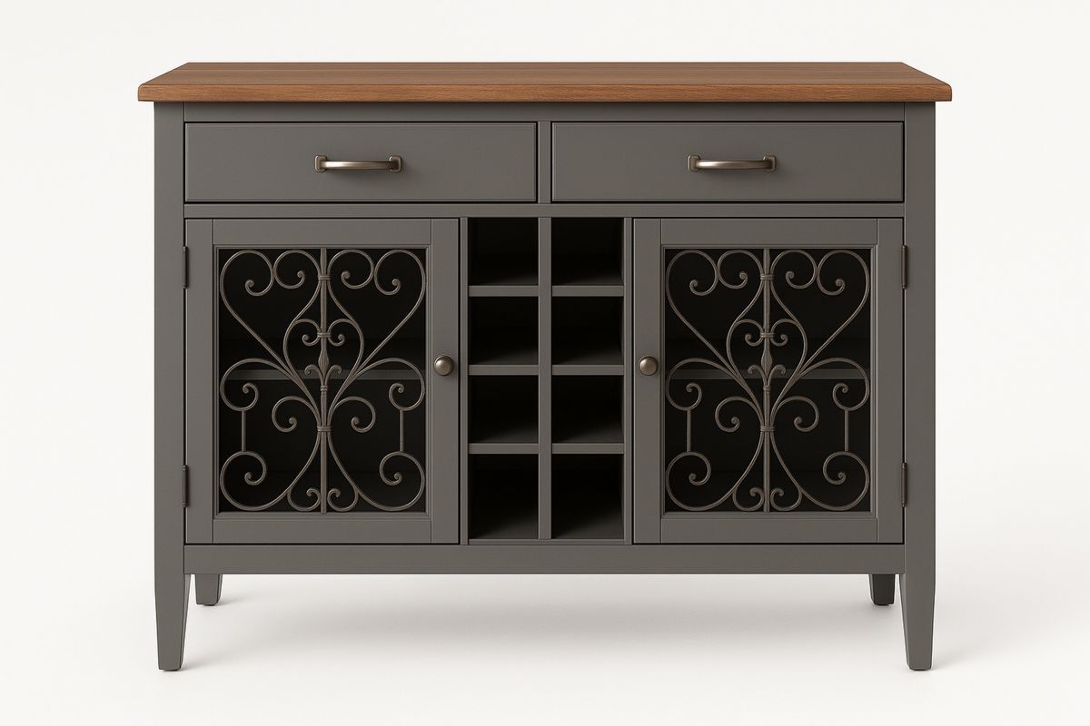 Sideboard Dunkelgrau 105×40×90 cm – 2 Türen, 2 Schubladen, 8 Weinregale, Stahlrahmen mit Schmiedeeisenornamenten-Jardinaurorazen