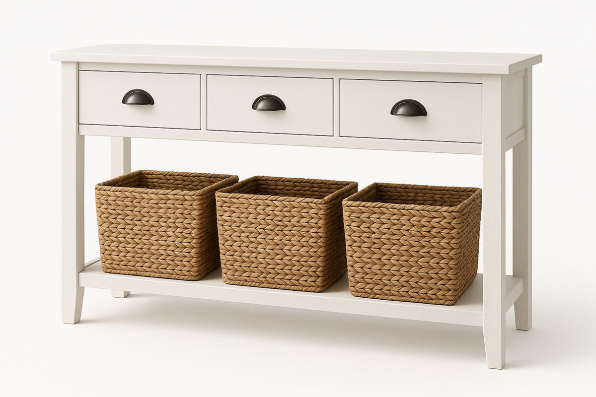 Konsolentisch mit 3 Schubladen und Rattankörbe aus Holz in Weiß-Jardinaurorazen