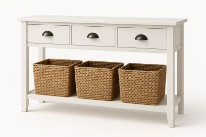 Konsolentisch mit 3 Schubladen und Rattankörbe aus Holz in Weiß-Jardinaurorazen