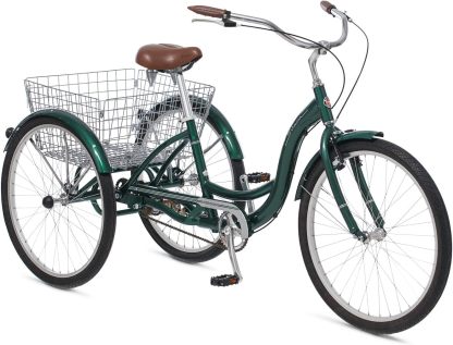 Schwinn Meridian Adult Tricycle Bike, Three Wheel Beach Cruiser, 24 & 26-Inch Wheels, Low Step-Through Aluminum Frame, Adjustable Handlebars, Large Cruiser Seat, Rear Folding Basket