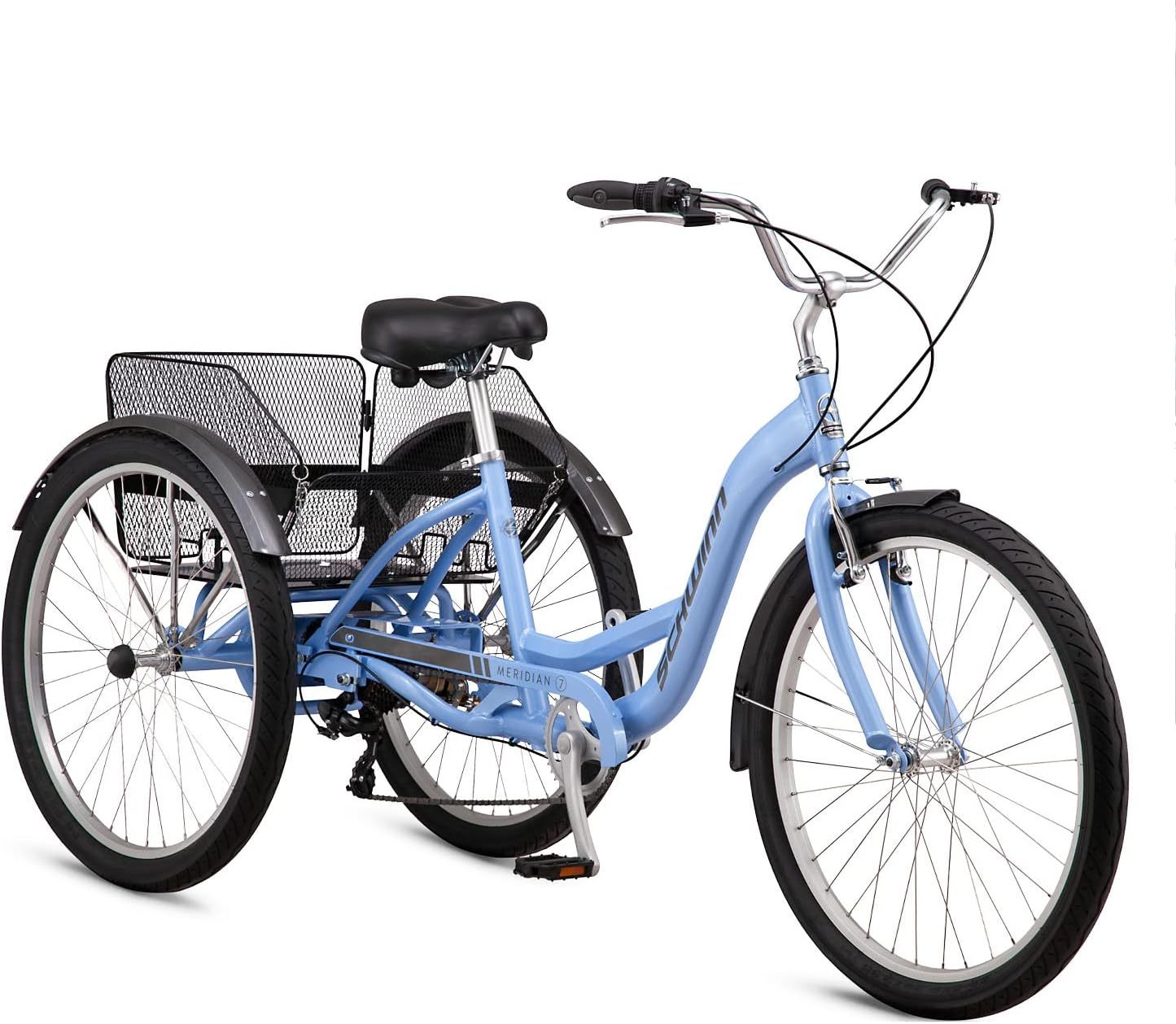Schwinn Meridian Adult Tricycle Bike, Three Wheel Beach Cruiser, 24 & 26-Inch Wheels, Low Step-Through Aluminum Frame, Adjustable Handlebars, Large Cruiser Seat, Rear Folding Basket