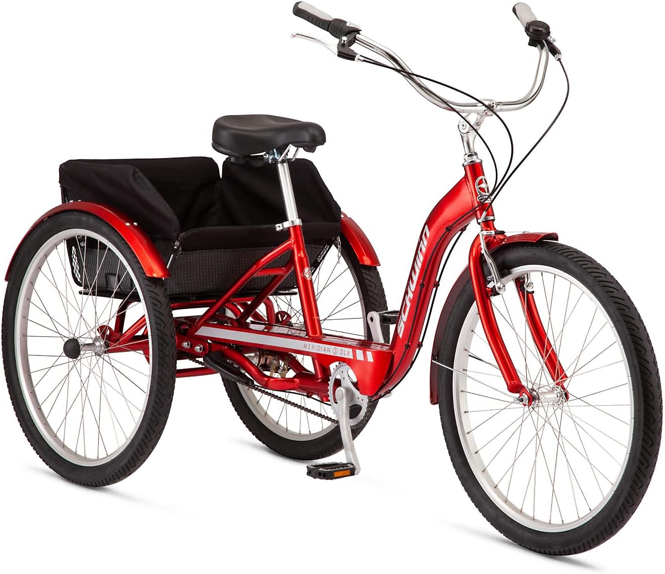 Schwinn Meridian Adult Tricycle Bike, Three Wheel Beach Cruiser, 24 & 26-Inch Wheels, Low Step-Through Aluminum Frame, Adjustable Handlebars, Large Cruiser Seat, Rear Folding Basket