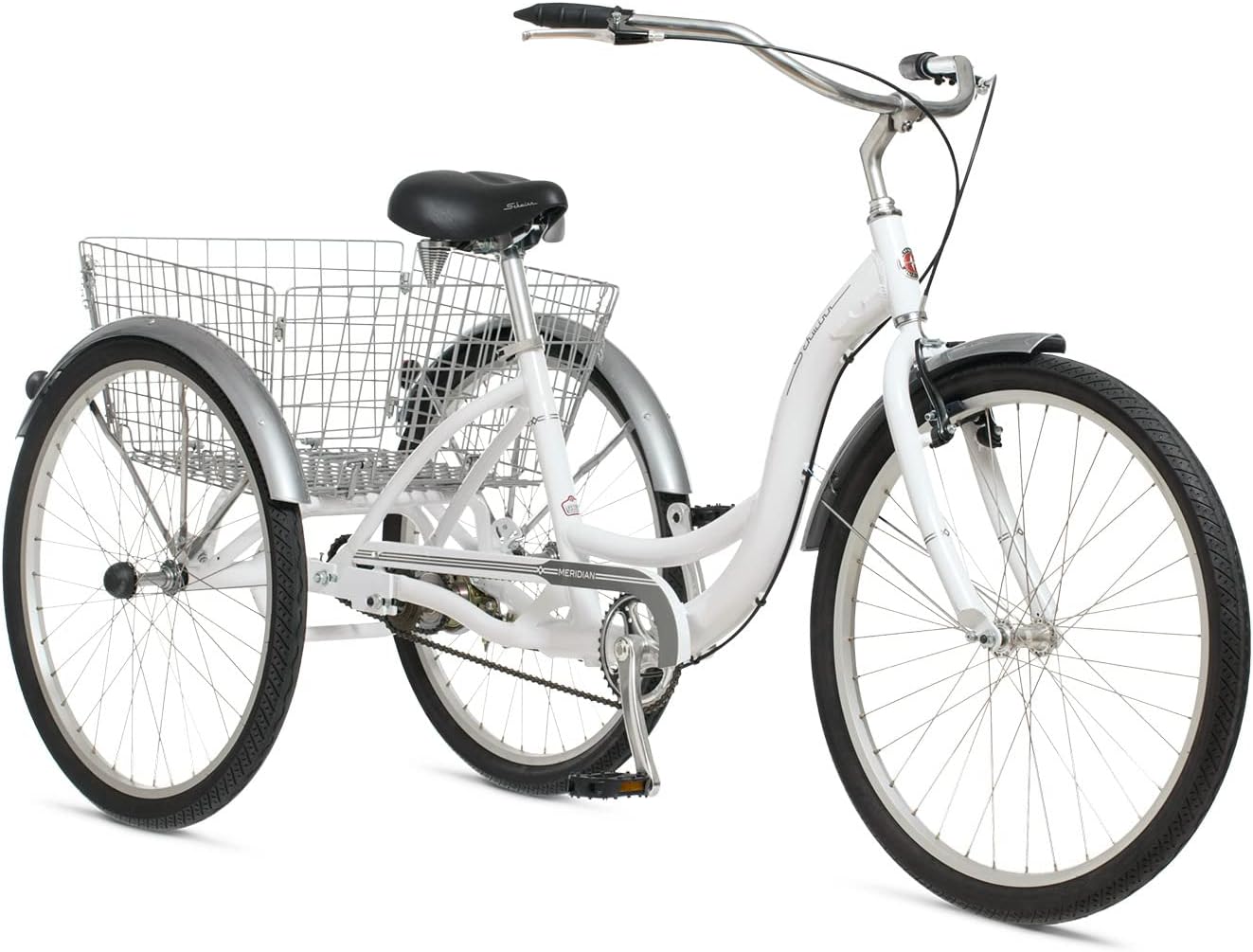 Schwinn Meridian Adult Tricycle Bike, Three Wheel Beach Cruiser, 24 & 26-Inch Wheels, Low Step-Through Aluminum Frame, Adjustable Handlebars, Large Cruiser Seat, Rear Folding Basket