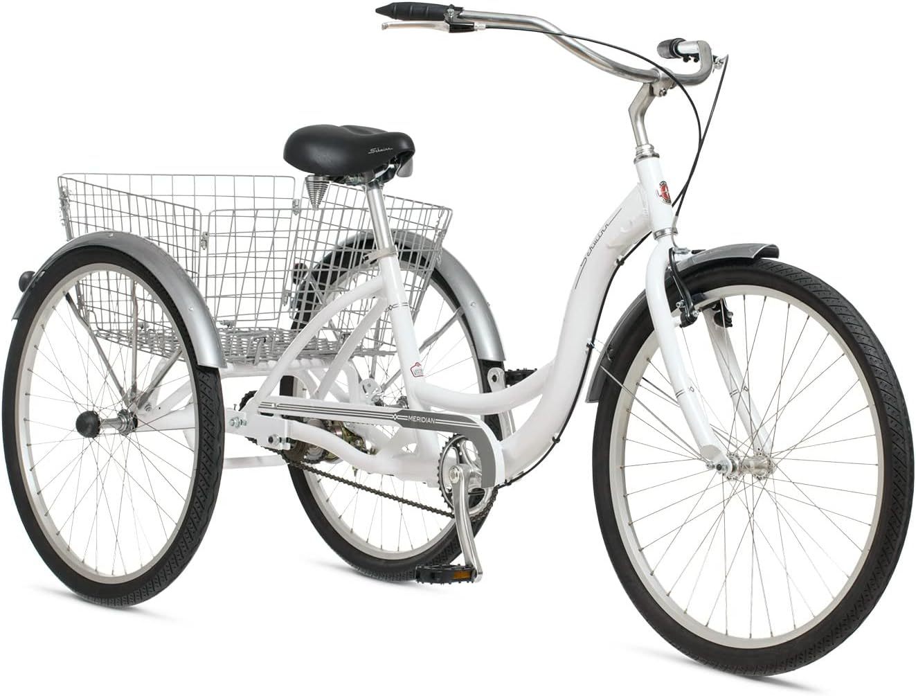 Schwinn Meridian Adult Tricycle Bike, Three Wheel Beach Cruiser, 24 & 26-Inch Wheels, Low Step-Through Aluminum Frame, Adjustable Handlebars, Large Cruiser Seat, Rear Folding Basket