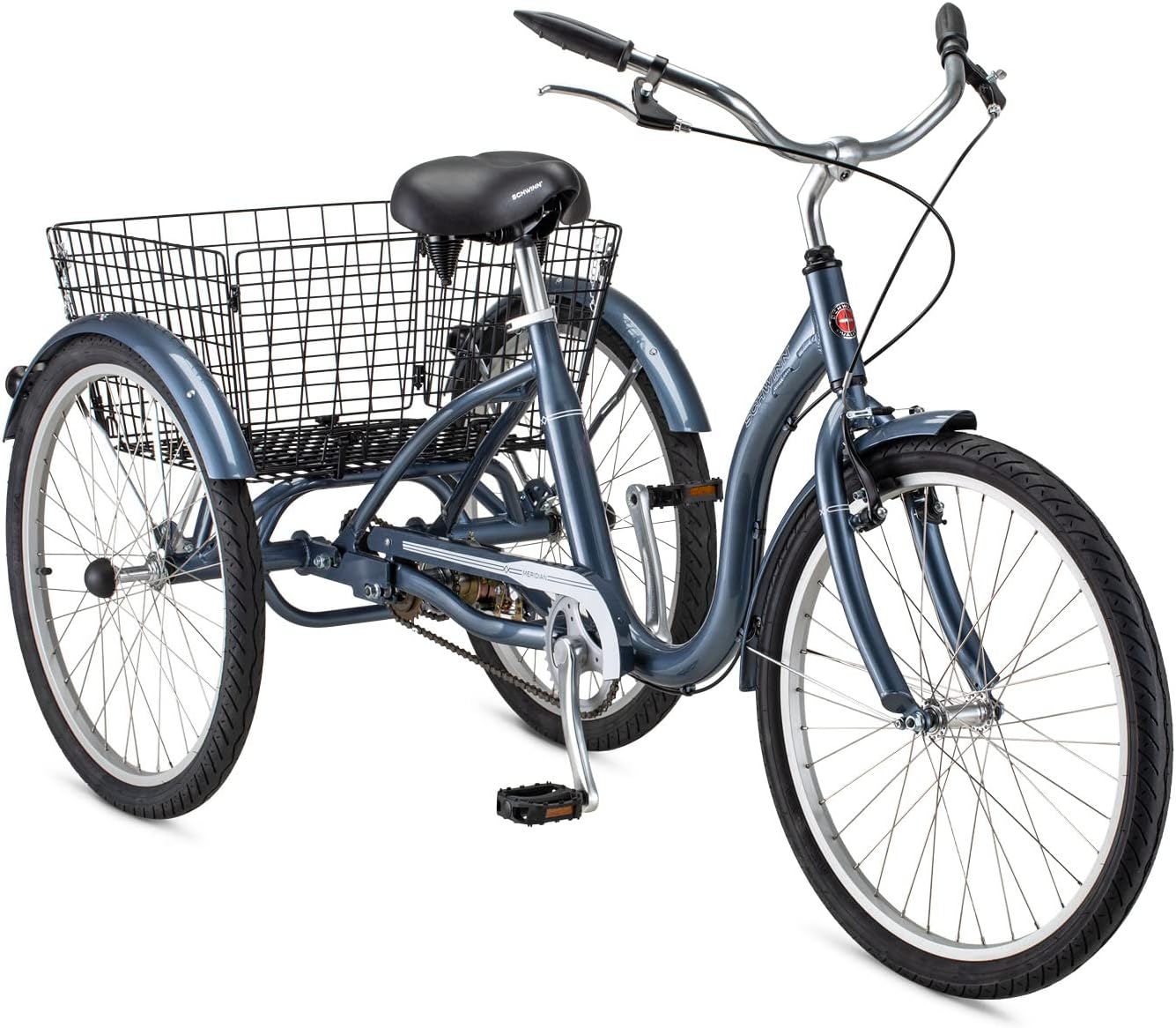 Schwinn Meridian Adult Tricycle Bike, Three Wheel Beach Cruiser, 24 & 26-Inch Wheels, Low Step-Through Aluminum Frame, Adjustable Handlebars, Large Cruiser Seat, Rear Folding Basket