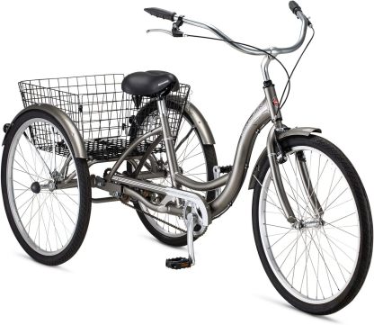 Schwinn Meridian Adult Tricycle Bike, Three Wheel Beach Cruiser, 24 & 26-Inch Wheels, Low Step-Through Aluminum Frame, Adjustable Handlebars, Large Cruiser Seat, Rear Folding Basket