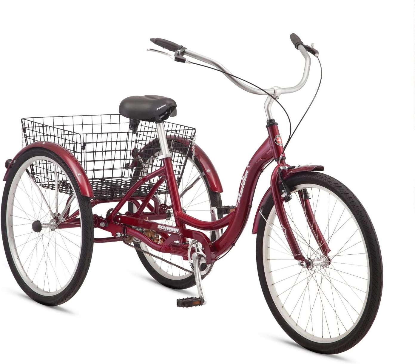Schwinn Meridian Adult Tricycle Bike, Three Wheel Beach Cruiser, 24 & 26-Inch Wheels, Low Step-Through Aluminum Frame, Adjustable Handlebars, Large Cruiser Seat, Rear Folding Basket