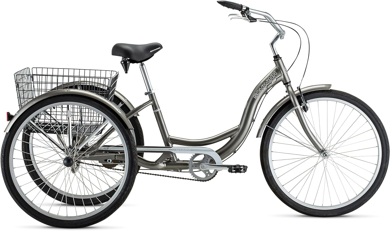 Schwinn Meridian Adult Tricycle Bike, Three Wheel Beach Cruiser, 24 & 26-Inch Wheels, Low Step-Through Aluminum Frame, Adjustable Handlebars, Large Cruiser Seat, Rear Folding Basket