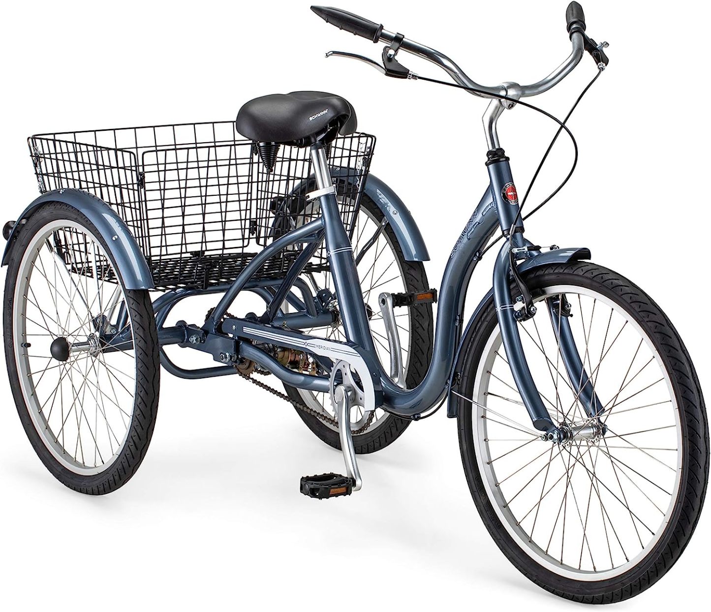 Schwinn Meridian Adult Tricycle Bike, Three Wheel Beach Cruiser, 24 & 26-Inch Wheels, Low Step-Through Aluminum Frame, Adjustable Handlebars, Large Cruiser Seat, Rear Folding Basket