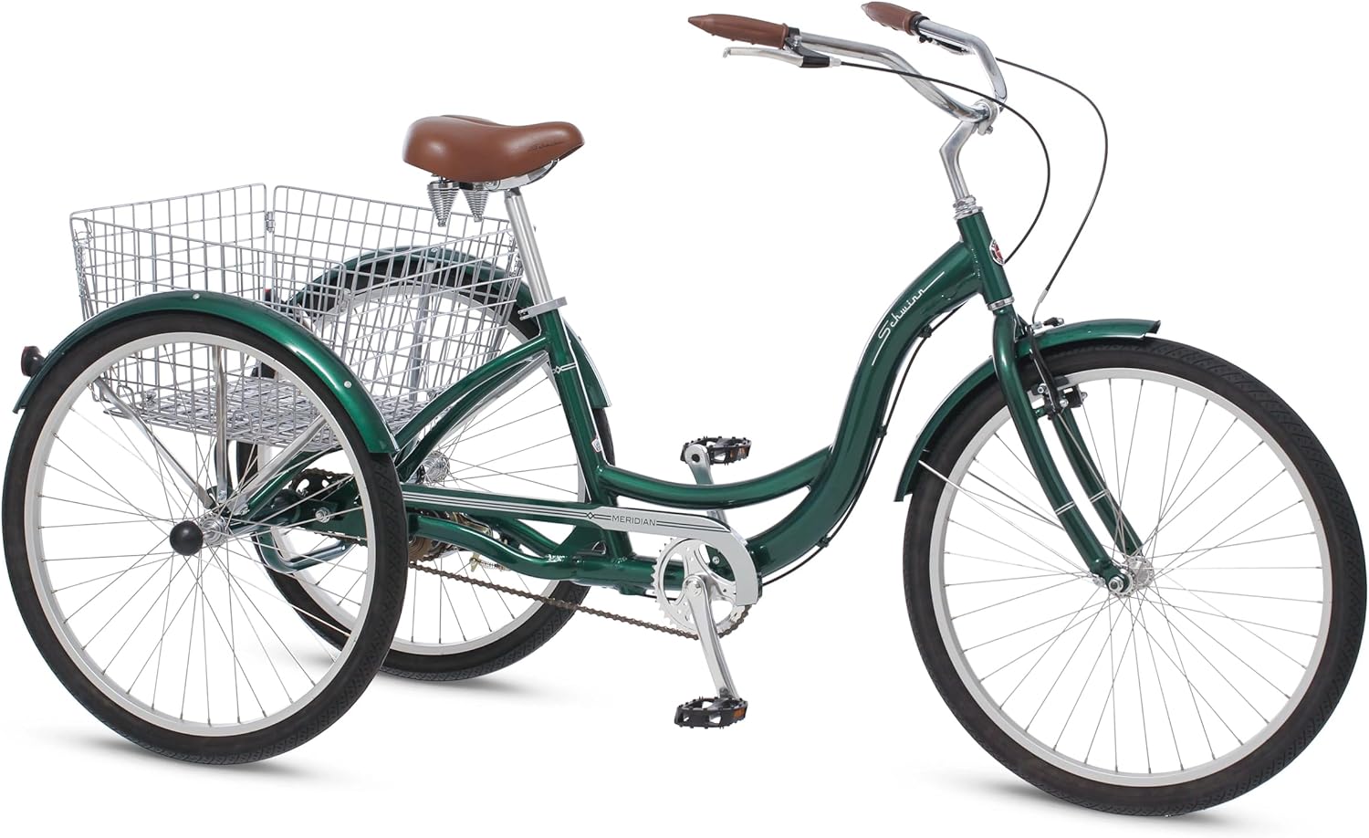 Schwinn Meridian Adult Tricycle Bike, Three Wheel Beach Cruiser, 24 & 26-Inch Wheels, Low Step-Through Aluminum Frame, Adjustable Handlebars, Large Cruiser Seat, Rear Folding Basket