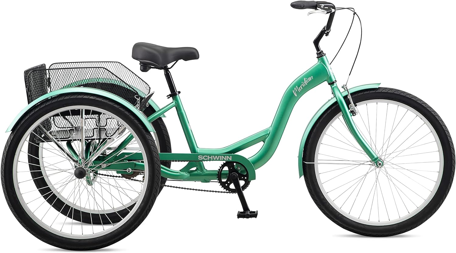 Schwinn Meridian Adult Tricycle Bike, Three Wheel Beach Cruiser, 24 & 26-Inch Wheels, Low Step-Through Aluminum Frame, Adjustable Handlebars, Large Cruiser Seat, Rear Folding Basket