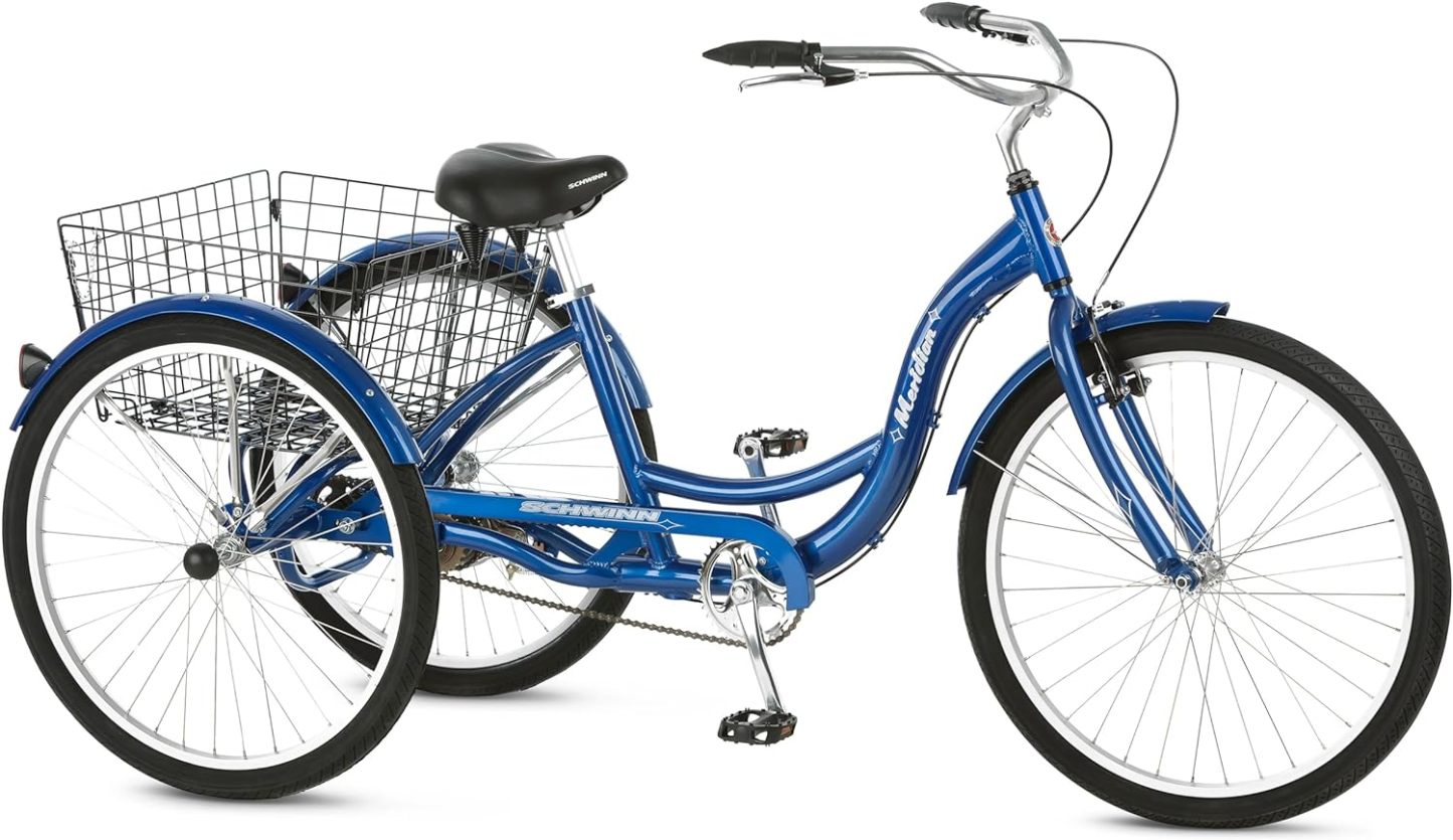 Schwinn Meridian Adult Tricycle Bike, Three Wheel Beach Cruiser, 24 & 26-Inch Wheels, Low Step-Through Aluminum Frame, Adjustable Handlebars, Large Cruiser Seat, Rear Folding Basket