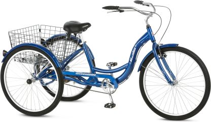 Schwinn Meridian Adult Tricycle Bike, Three Wheel Beach Cruiser, 24 & 26-Inch Wheels, Low Step-Through Aluminum Frame, Adjustable Handlebars, Large Cruiser Seat, Rear Folding Basket